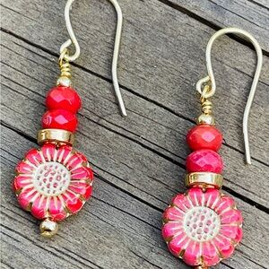 NEW Sunflower and Red Coral gemstone Fall Autumn Drop Earrings